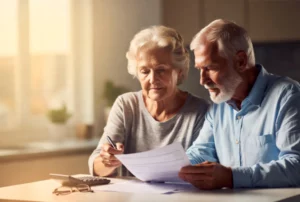 Couple de seniors consultant leurs documents fiscaux pour l'abattement personnes âgées