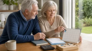 Couple de retraités consultant un calendrier de paiement de la retraite complémentaire